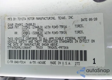 2020 Toyota Tacoma Sr z USA, uszkodzony, nr VIN 5TFAX5GN9LX186647